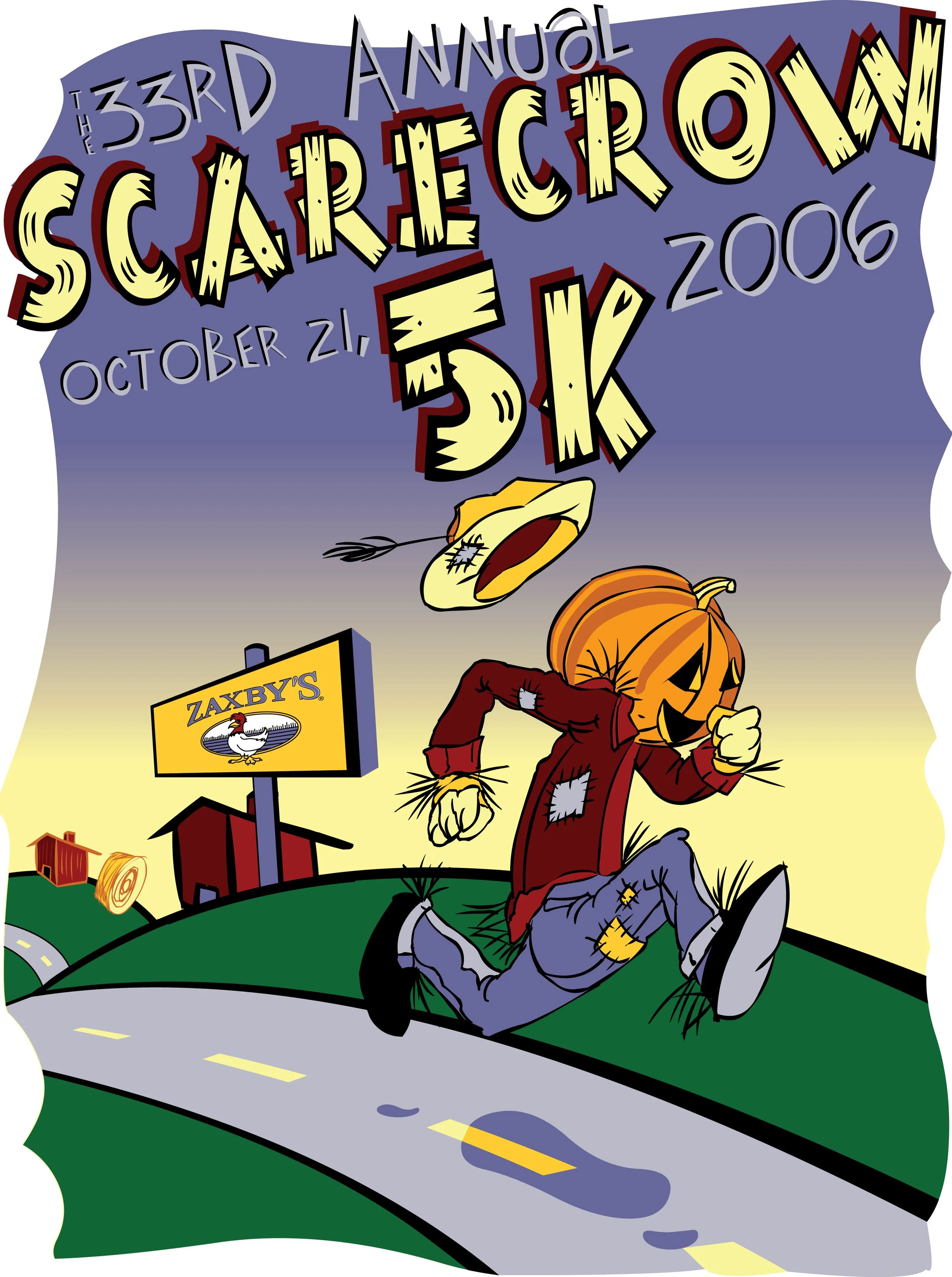 illustration of the 33rd Annual Scarecrow Festival, October 21, 2006. Features a scarecrow with a pumpkin head running on a winding road with a brewery sign reading 'Zaxy's' and farm buildings in the background.  Copyright © 2025 Chris Pomeroy