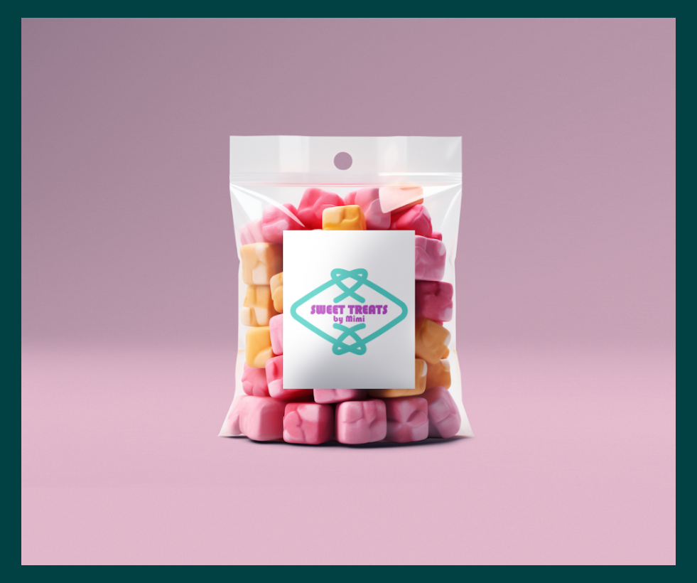 Clear plastic bag of pastel-colored marshmallow candies with a white label featuring a mint green and purple logo reading 'Sweet Treats by Mimi' on a pink background.