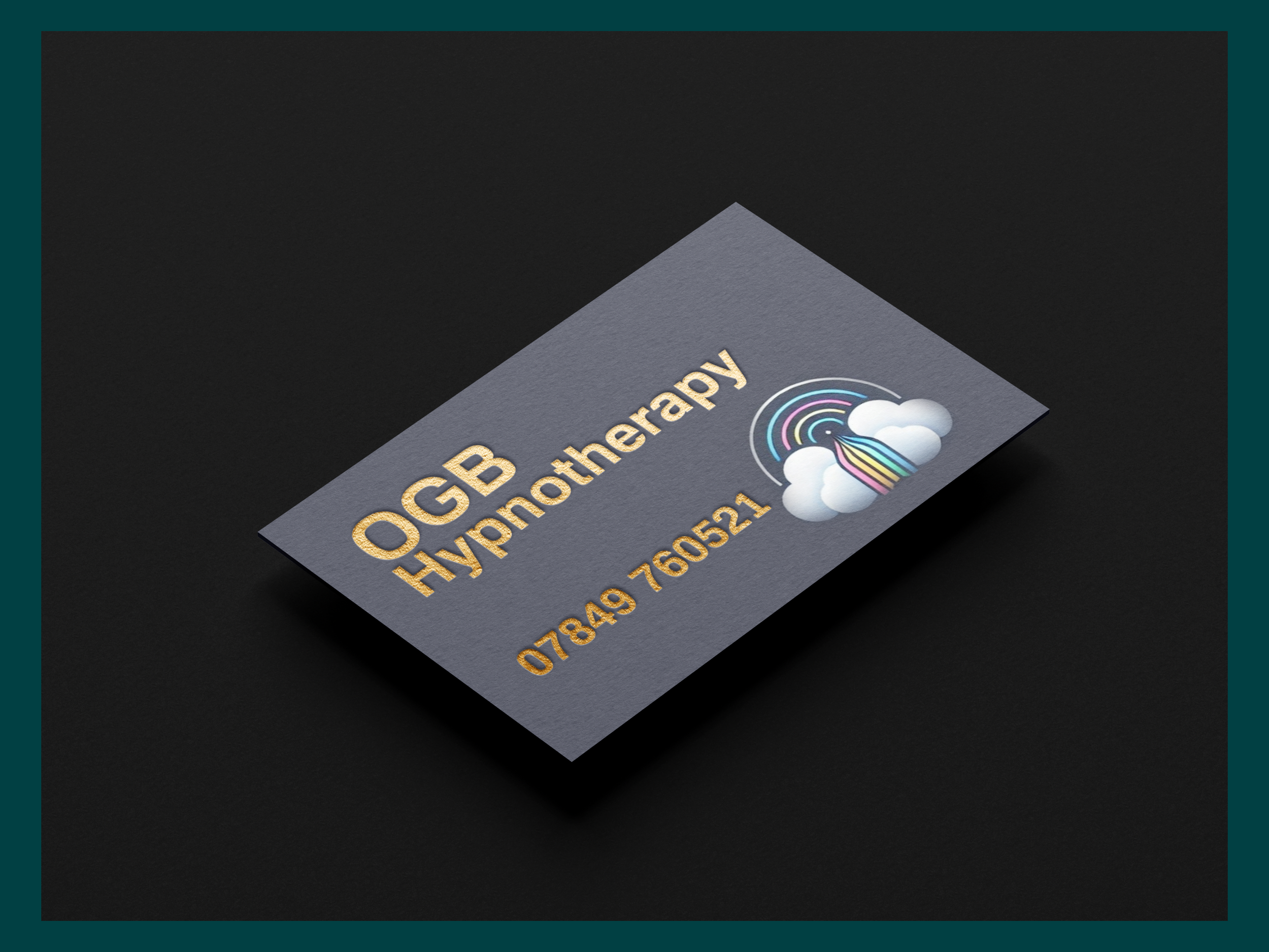 Business card for OGB Hypnotherapy with contact number and colorful cloud and rainbow logo on a dark background.