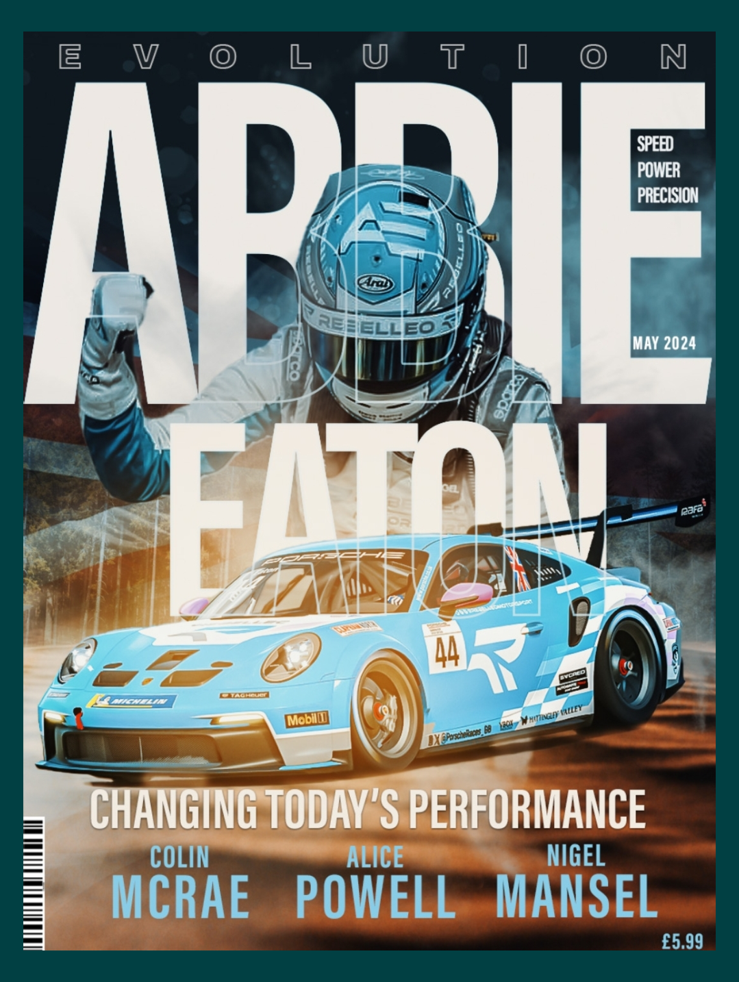 The cover of a magazine titled 'Evolution - Abbie Eaton' from May 2024, featuring a race car and a race car driver in a helmet. The cover headline reads 'Changing Today's Performance' and mentions Colin McRae, Alice Powell, and Nigel Mansell.