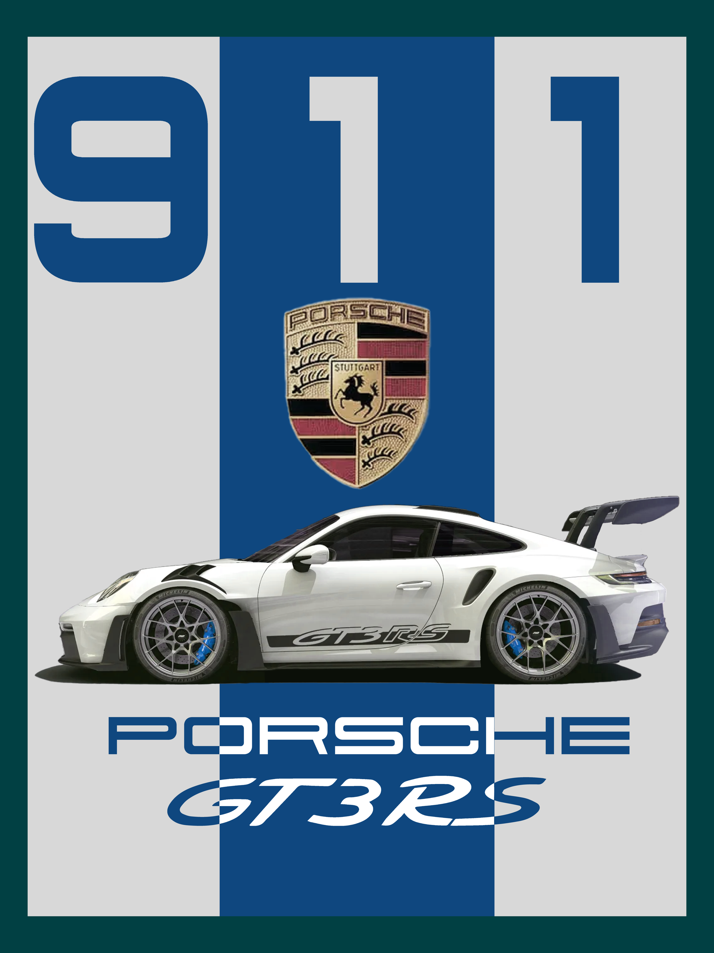 A Porsche GT3 RS sports car in white with black accents and blue brake calipers, positioned below the Porsche crest and a large '911' logo on a racing-themed background.