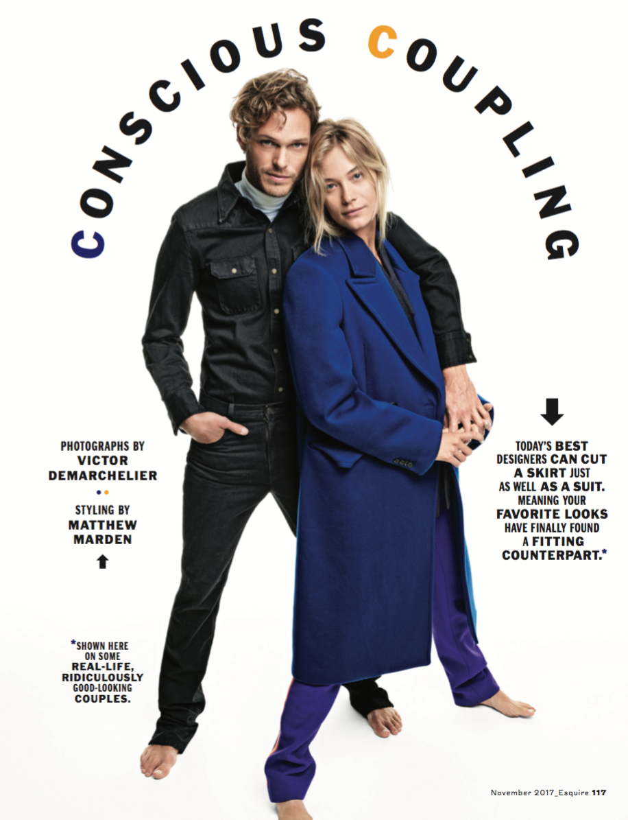 Photo of a man and woman standing closely together, with the woman holding the man's hand, dressed in stylish clothing. The text around them reads "Conscious Coupling," with additional captions about photography and styling credits, and a note about 