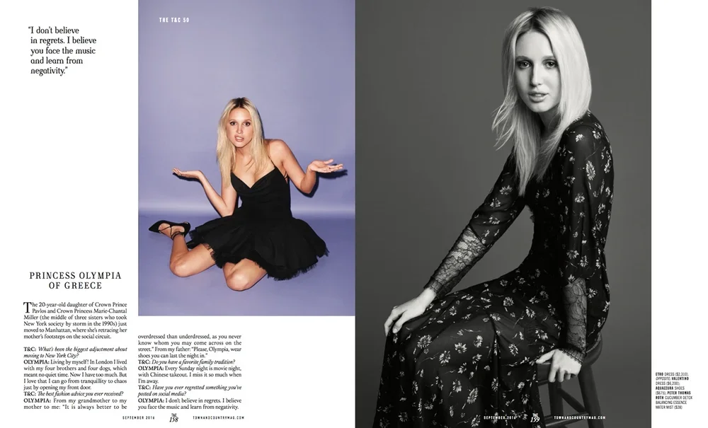 Magazine spread featuring a young girl in a black dress sitting on the floor with a purple background on the left page, and a woman in a black floral dress sitting on a stool against a gray background on the right page.