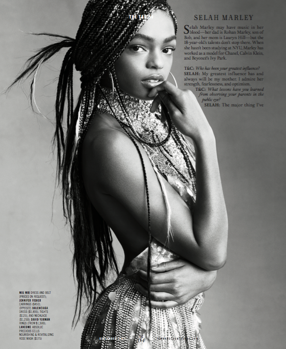 Black and white portrait of a young Black woman with braided hair, wearing a bejeweled top and a skirt, standing with one hand near her face and the other around her waist, against a plain background, with text about Selah Marley.