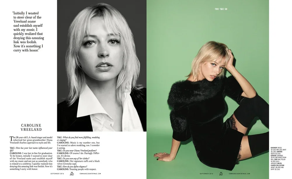 A two-page magazine spread featuring a black-and-white portrait of a young woman with blonde hair on the left page, accompanied by an interview. The right page shows the same woman in a color photo, sitting on the floor against a green background, we