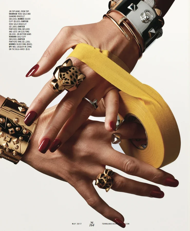 Close-up of hands adorned with gold and silver rings, bracelets, and jewelry. A yellow ribbon is intertwined with the fingers. The background is plain white.