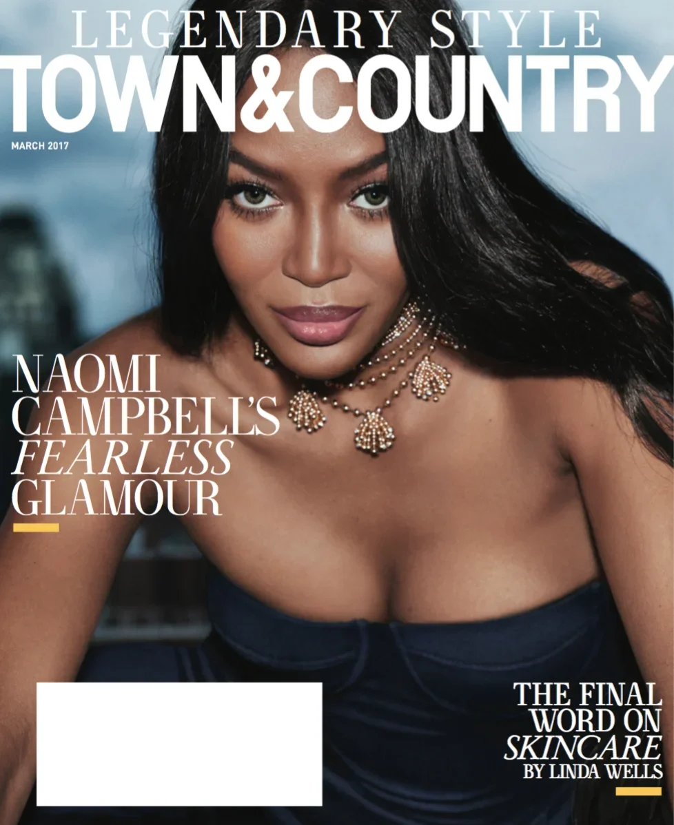 Cover of Town & Country magazine featuring Naomi Campbell with jewelry, makeup, and dark hair, looking directly at the camera, March 2017