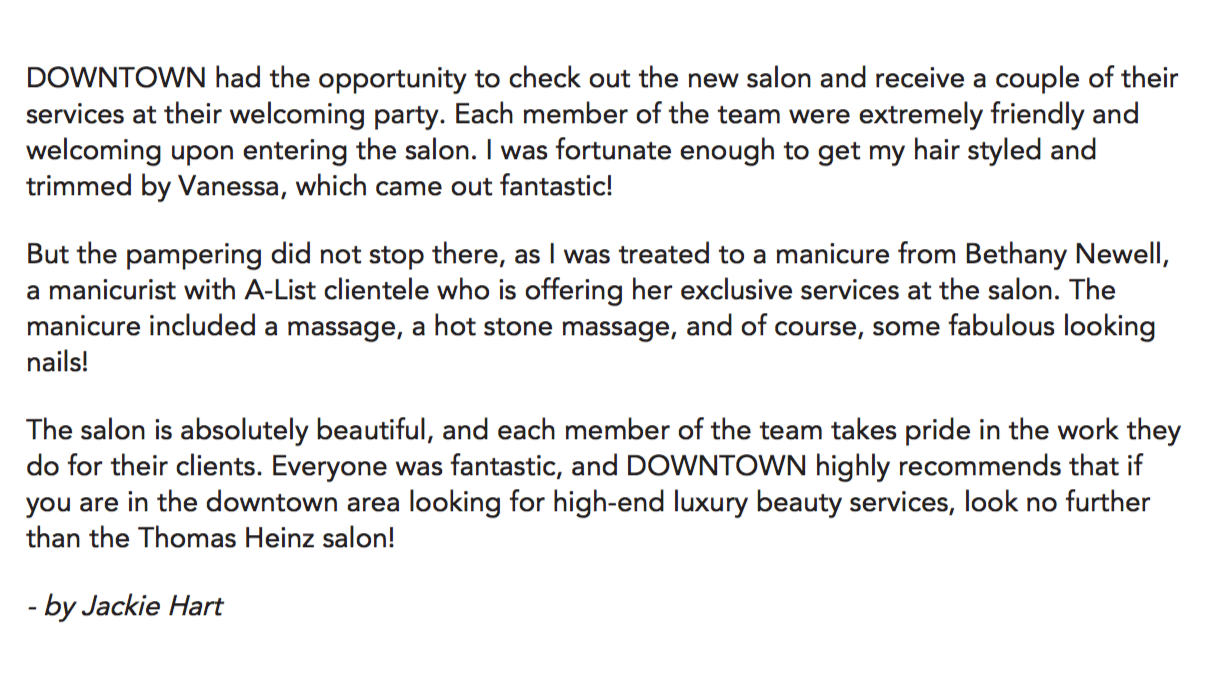 Letters of a review about a salon experience, mentioning a manicure, massage, and nail services.