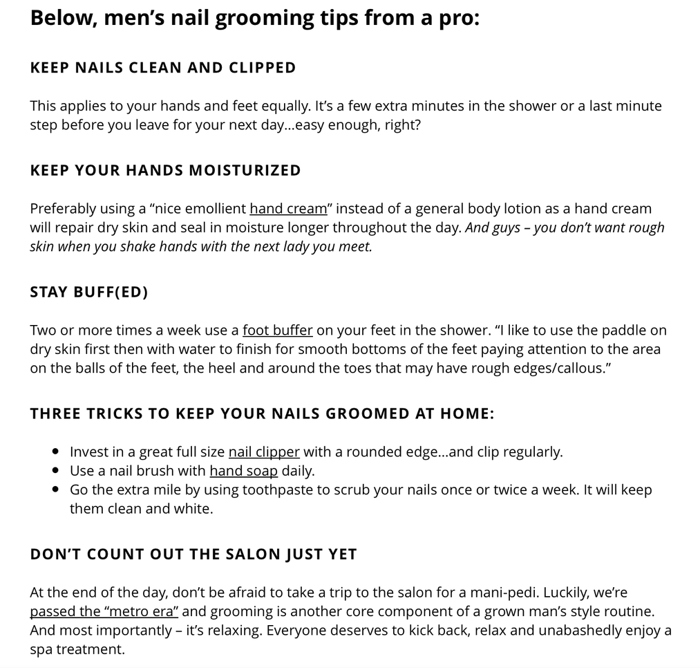 Text of men's nail grooming tips including keeping nails clean and clipped, moisturizing hands, using a foot buffer, and home nail care tips such as using a nail clipper, hand soap, and using toothpaste to clean nails.