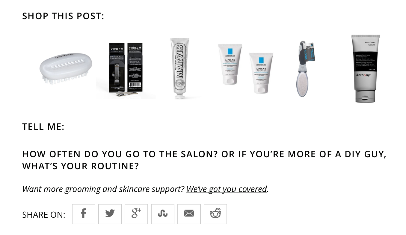 Collection of men's grooming products including a body brush, razor blades, various creams and gels, a toothbrush, and skin care items.