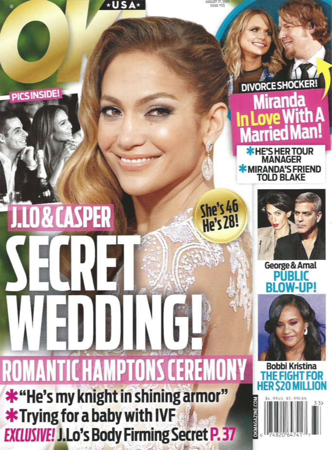 Close-up of a smiling woman with wavy blonde hair wearing a white lace dress on the cover of OK! magazine.