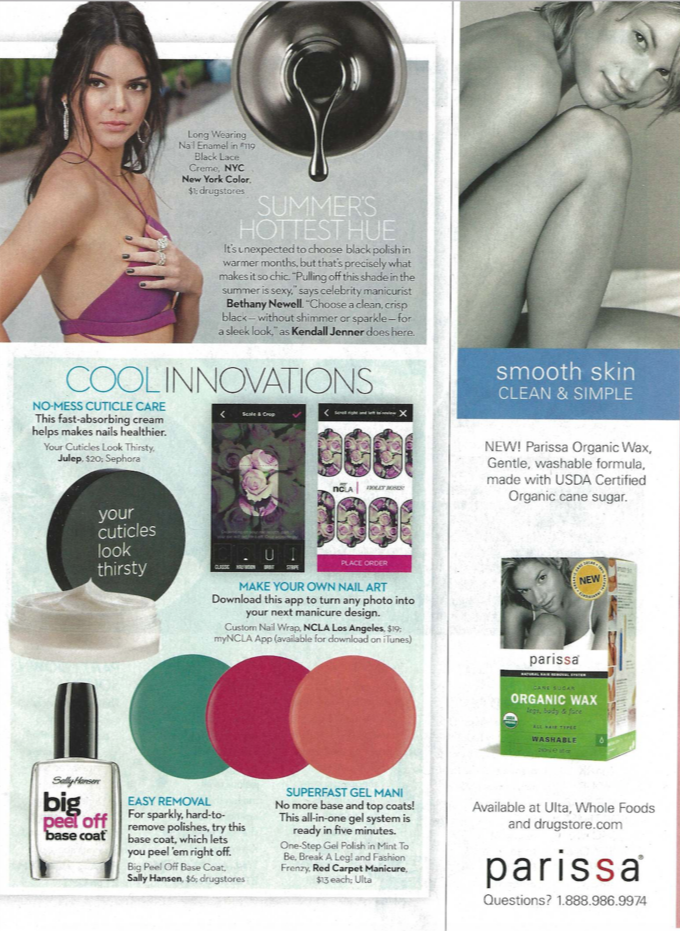 A magazine page featuring beauty and nail care products, including images of a woman with long dark hair in a purple top, a black-and-white photo of a woman with smooth skin, and various nail and skincare products such as a nail polish, a nail art ap