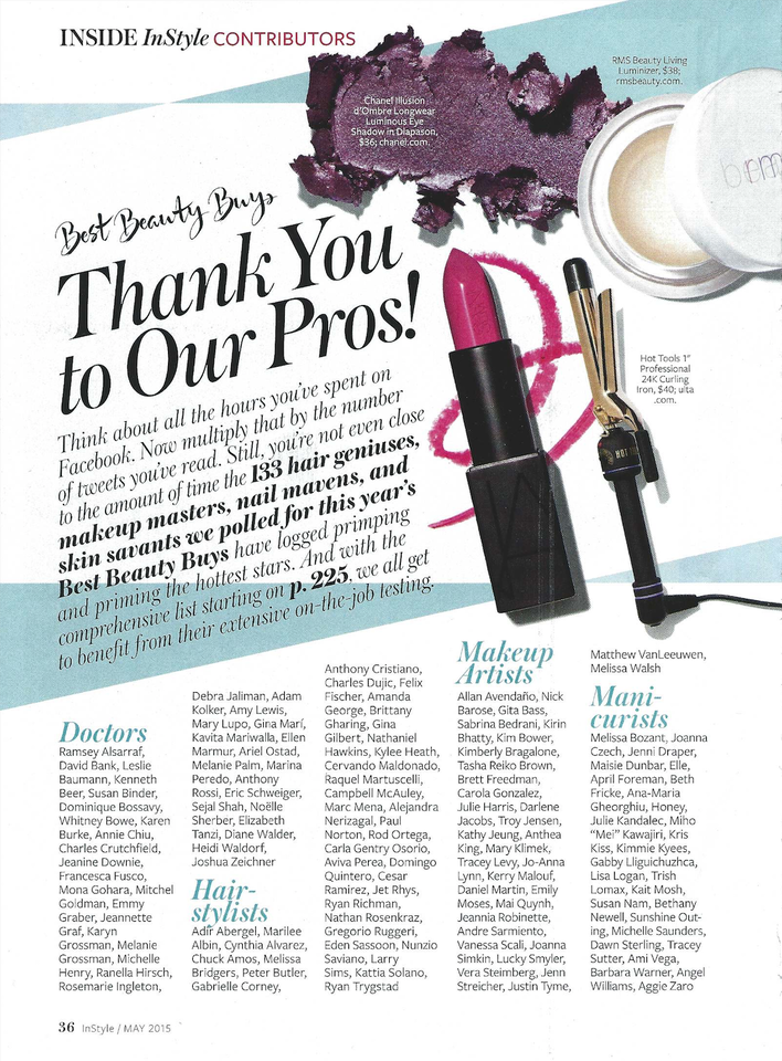 Page from InStyle magazine May 2015 featuring a thank you note to beauty professionals, with images of a pink lipstick and a curling iron, and lists of contributors, makeup artists, dermatologists, hair stylists, and manicurists.