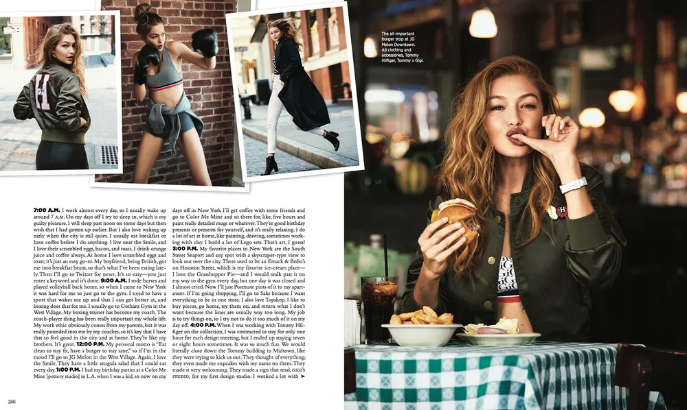 Collage of four photographs featuring a young woman with long, wavy red hair. In one, she stands outdoors on a city street wearing a dark jacket and black pants. In another, she is boxing outdoors, wearing sports bras and shorts. The third, shows her