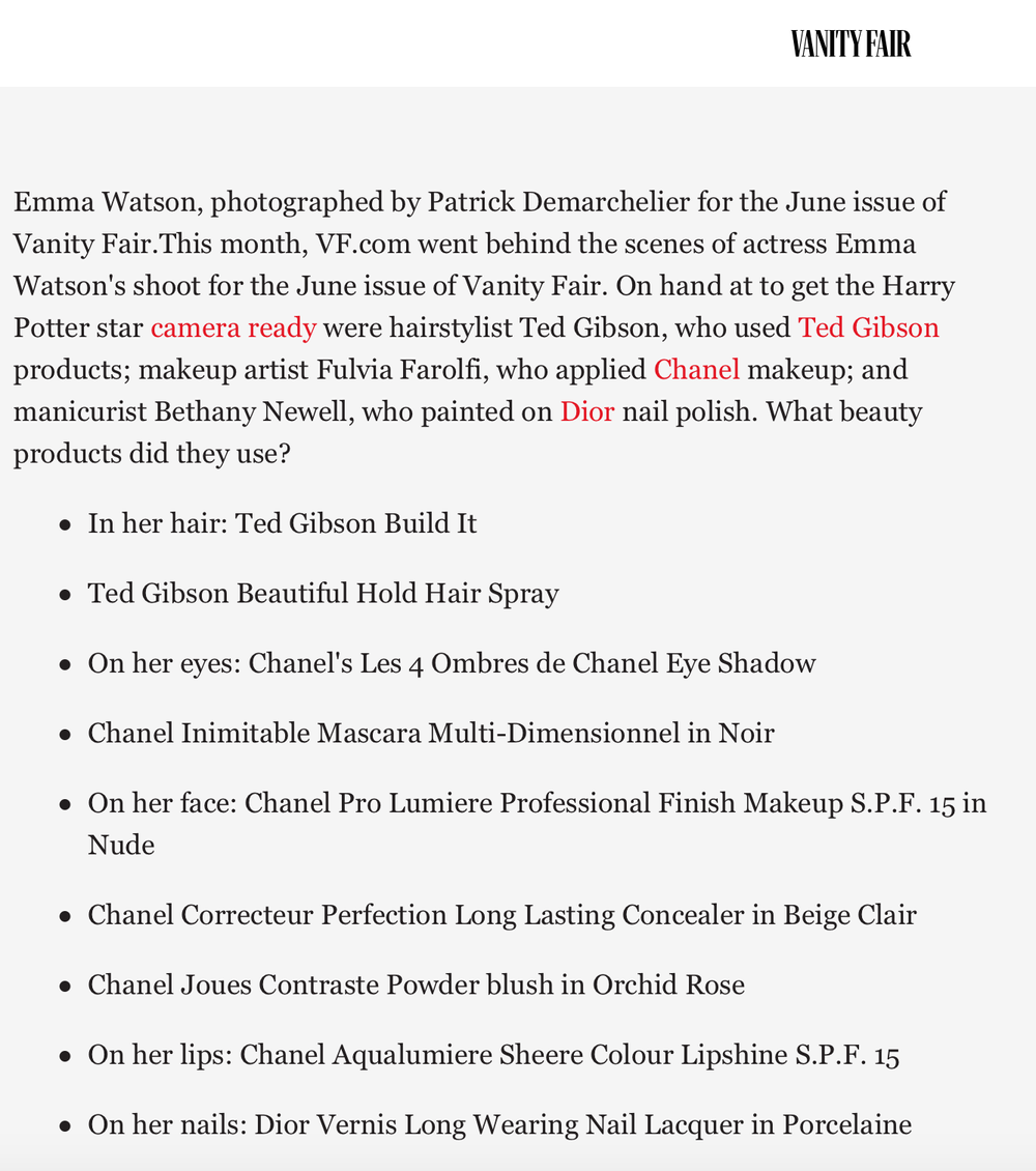 Page from Vanity Fair article describing Emma Watson's makeup and hairstyle details for a photo shoot, including mentions of products from Chanel, Dior, and other brands.
