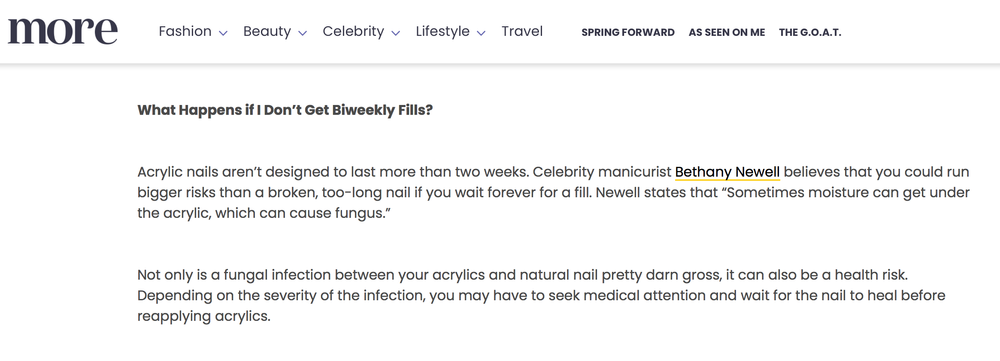 Screenshot of a webpage from More magazine discussing the consequences of not getting biweekly nail fills, mentioning acrylic nails, fungal infections, and a quote from celebrity manicurist Bethany Newell.