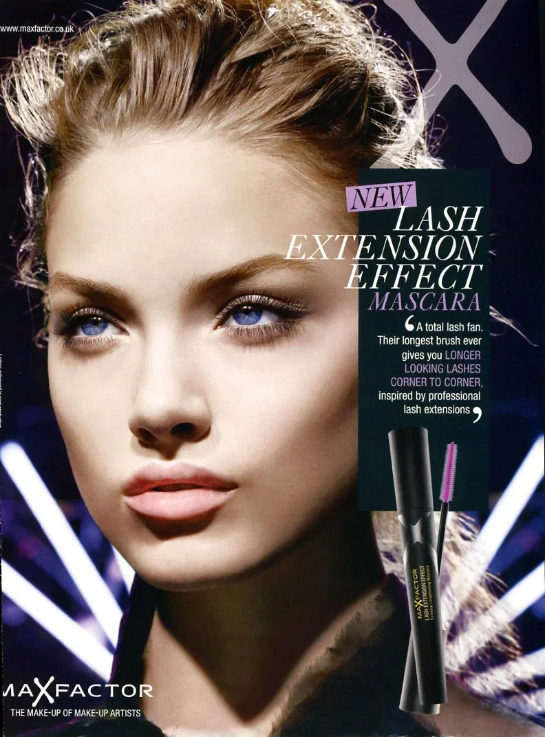 Close-up of a woman with styled hair and makeup, advertising Max Factor lash extension mascara with bold text highlighting its features.