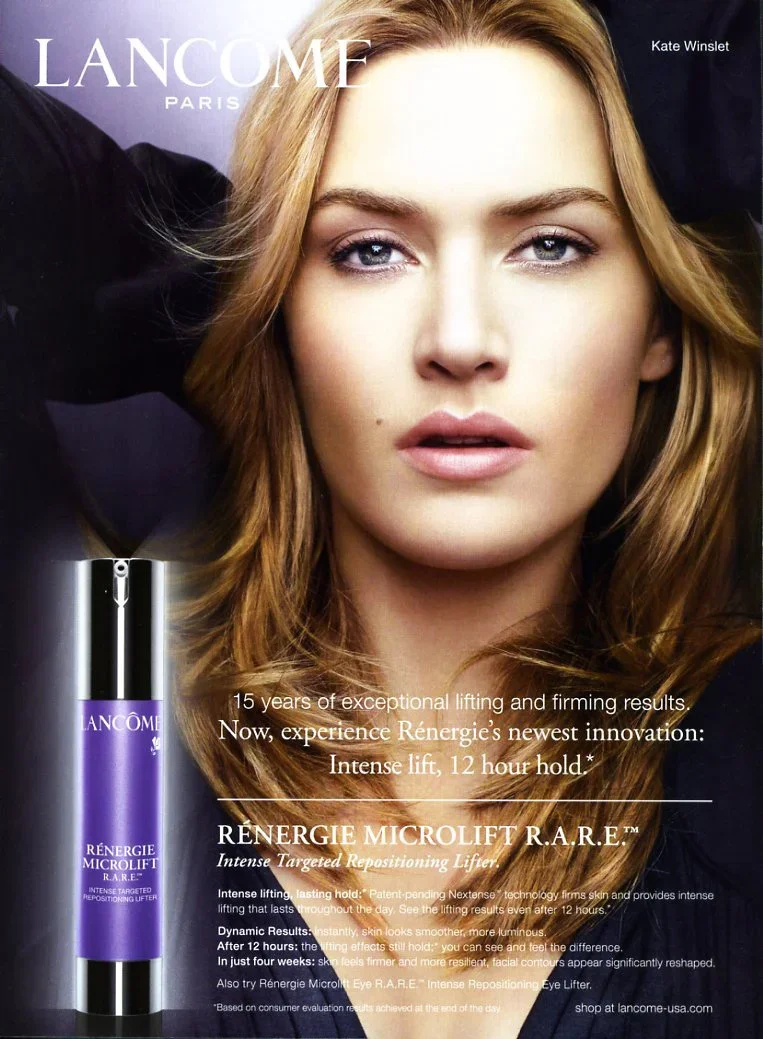 Advertisement for Lancôme Rénergie MicroLift RARE, featuring a close-up photo of a woman with blonde hair, promoting a skincare product with claims of lifting and firming results.