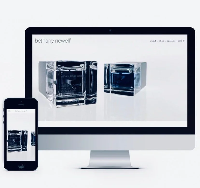 Computer and smartphone screen displaying a website for Bethany Newell with images of perfume bottles.