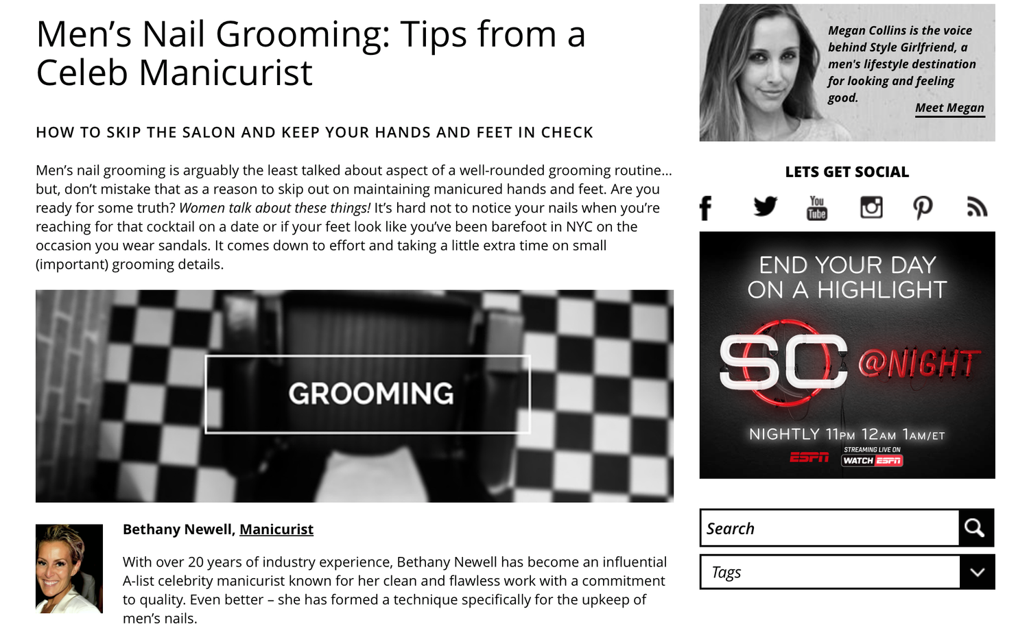 Article about men's nail grooming tips from celebrity manicurist Bethany Newell, featuring her photo, social media links, and a promotional ESPN Nighttime program advertisement.