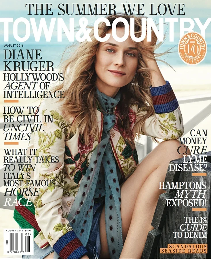 Cover of Town & Country magazine, August 2016, featuring a woman with long blonde hair sitting outdoors, wearing a floral jacket, scarf, and shorts, with a beach or seaside background.