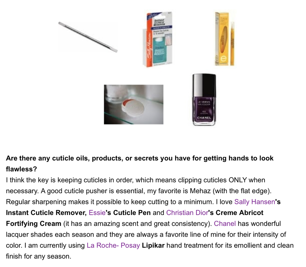Various nail care and beauty products including cuticle scissors, a cuticle cleaner, cuticle remover, purple nail polish, and a cuticle pusher.