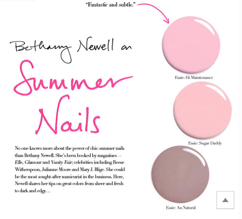 An advertisement for Bethany Newell's summer nail collection featuring three pastel nail polish shades, with a quote praising her work and descriptive text about her expertise in chic summer nails.