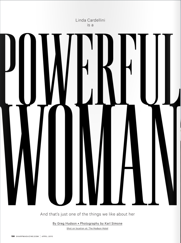 Cover of a magazine article titled 'Powerful Woman,' featuring text about Linda Cardellini, with photography credit to Karl Simone, shot at The Hudson Hotel.