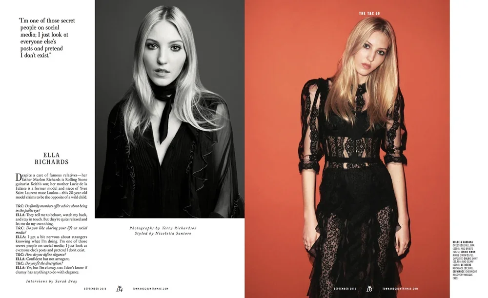 A magazine spread featuring Ella Richards. The left page has a black and white portrait of her with text, and the right page has her in a black lace outfit against an orange background.