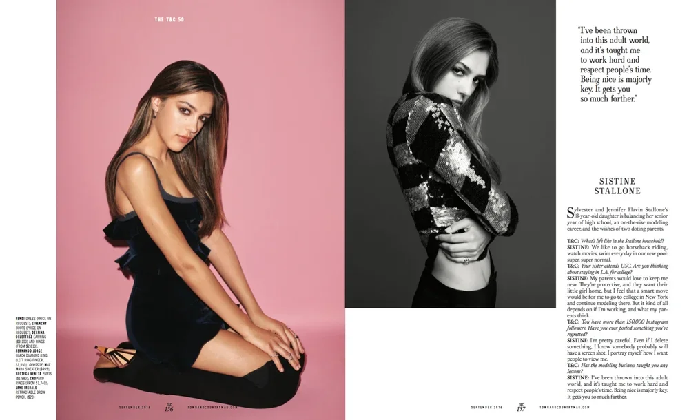 A two-page magazine spread featuring a young woman, shown in both color and black-and-white photos, with a quote and an interview.