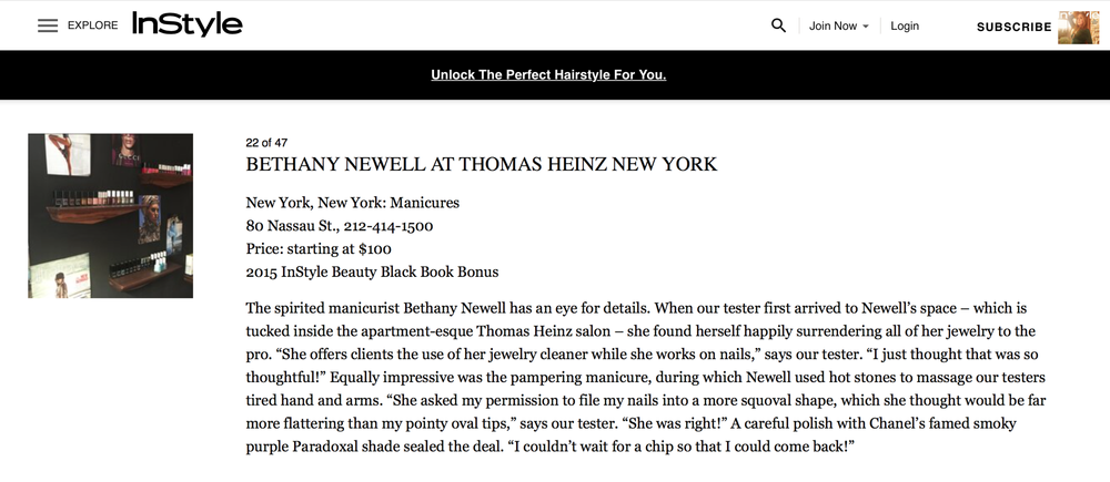 Magazine webpage featuring a profile of Bethany Newell at Thomas Heinz New York, showcasing nail art products and an article about her manicure services.