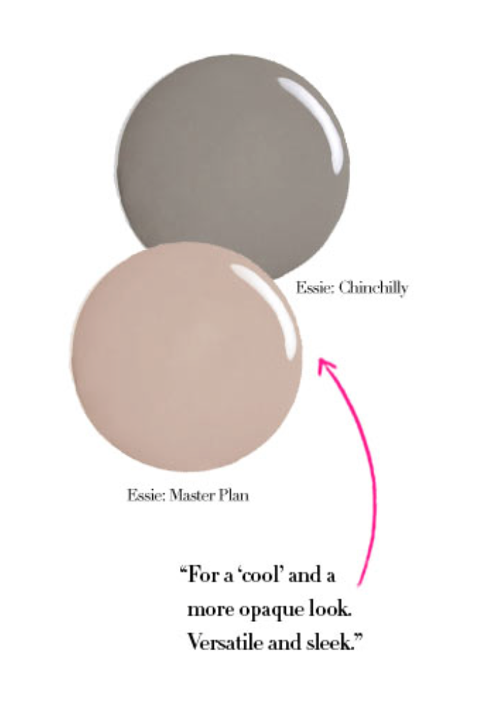 Two makeup foundation shades labeled 'Essie: Master Plan' in a light beige color and 'Essie: Churchillly' in a darker grayish color. A pink arrow points from the lighter shade to a quote: 'For a 'cool' and a more opaque look. Versatile and sleek.'