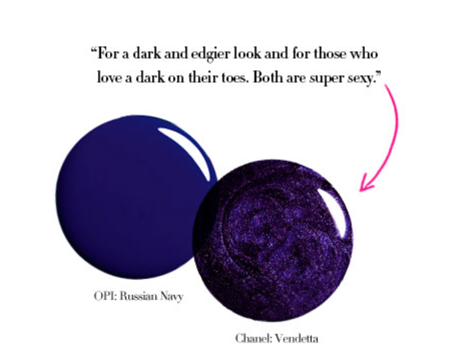 A graphic with two purple circles labeled 'OPI: Russian Navy' and 'Chanel: Vendetta', and a quote above that says 'For a dark and edgier look and for those who love a dark on their toes. Both are super sexy.' with a pink arrow pointing to the right c