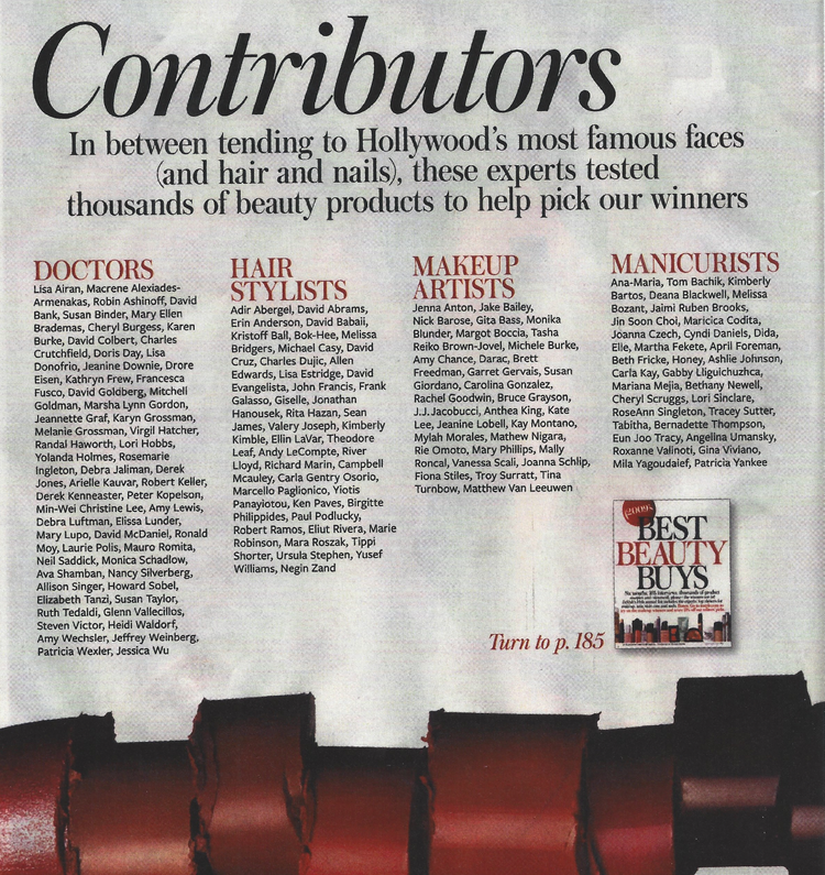 A newspaper page displaying contributors' names categorized into Doctors, Hair Stylists, Makeup Artists, and Manicurists, with a small advertisement for Best Beauty Buys at the bottom right.