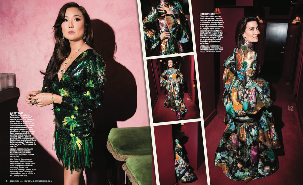 A collage of photos featuring a woman at an event, wearing a colorful floral gown and accessories. The left side shows her in front of a pink background, while the right side depicts her in a hallway with darker lighting, showing her from different a