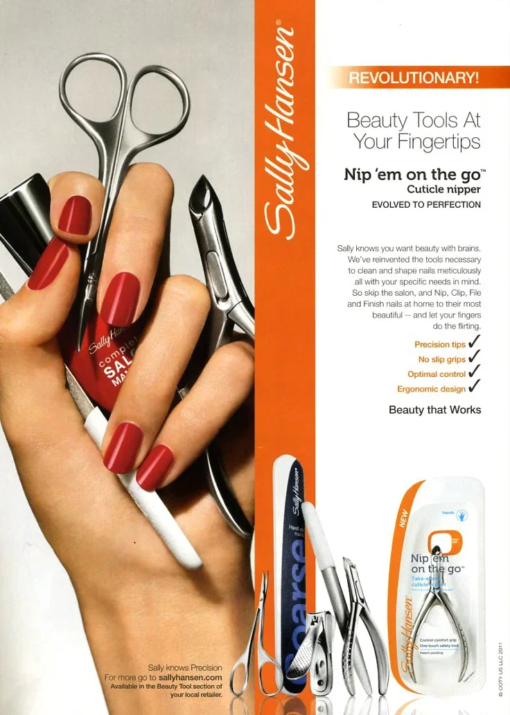 Packaging for Sally Hansen Nail Clipper Kit, including cuticle nippers, scissors, and file, with a hand holding a nail clipper, and the kit’s box and blade cover shown.