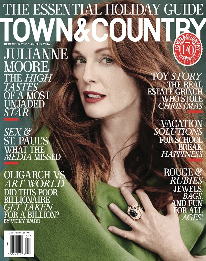 Cover of Town & Country magazine, December 2015/January 2016, featuring Juliane Moore with red hair, green clothing, and jewelry, surrounded by headlines about holiday guides, celebrity stories, and lifestyle topics.