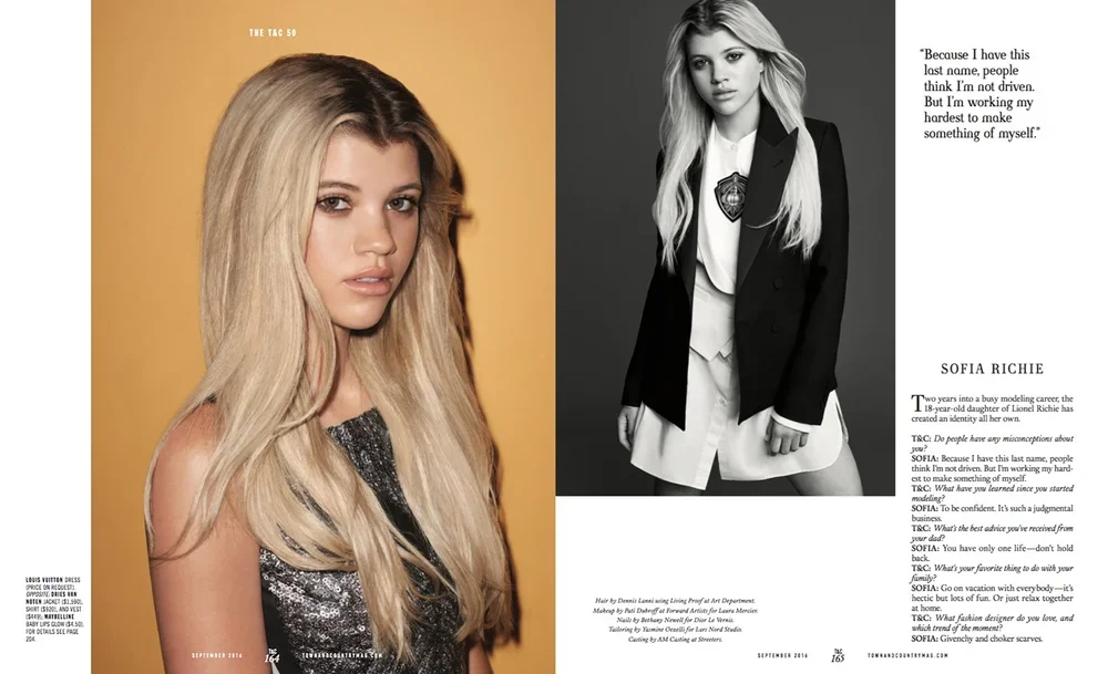A two-page magazine spread featuring a portrait of a young woman with long blonde hair on the left, and a black-and-white image of the same woman wearing a blazer and skirt on the right, with testimonial quotes and interview text.