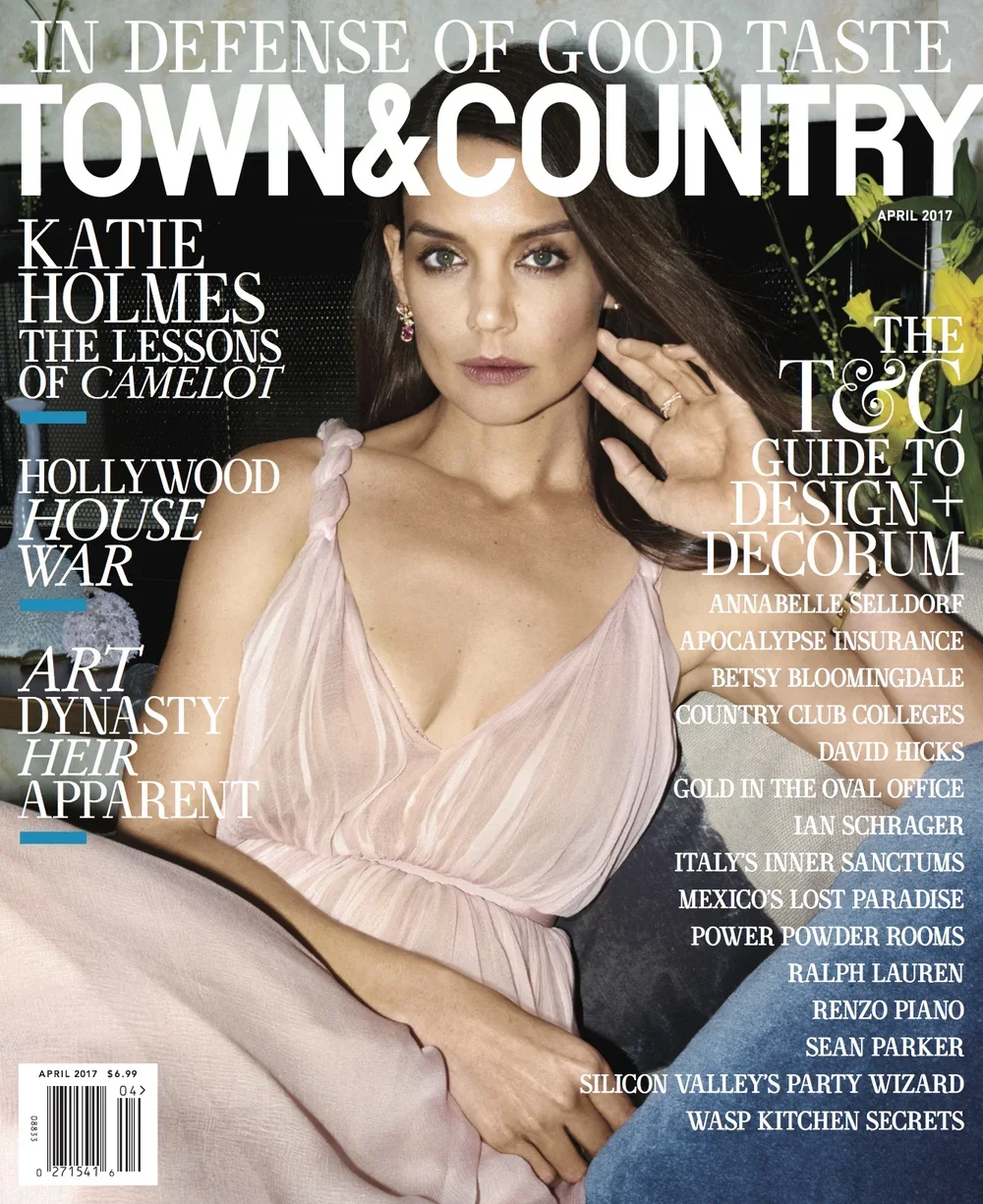 Cover of Town & Country magazine, April 2017 issue, featuring actress Katie Holmes in a pink dress and various article headlines.