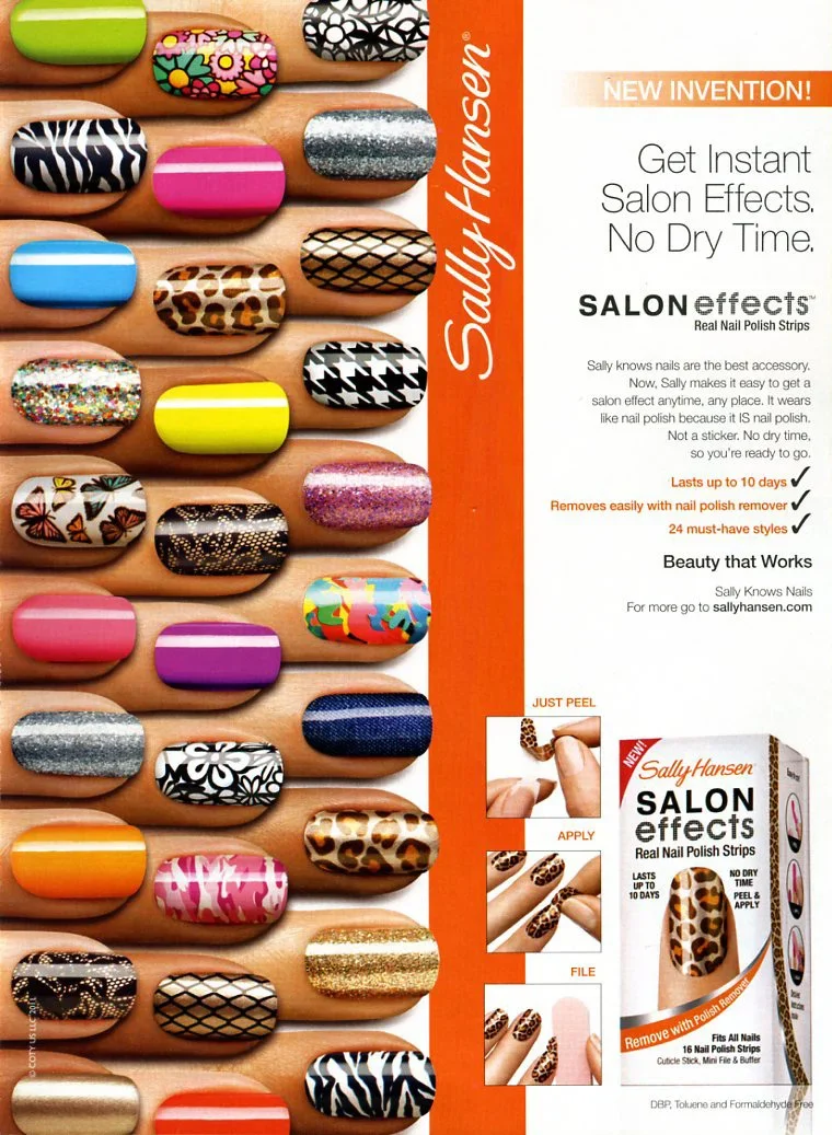 Display of colorful nail polish strips with various patterns, along with instructions for application using Sally Hansen Salon Effects