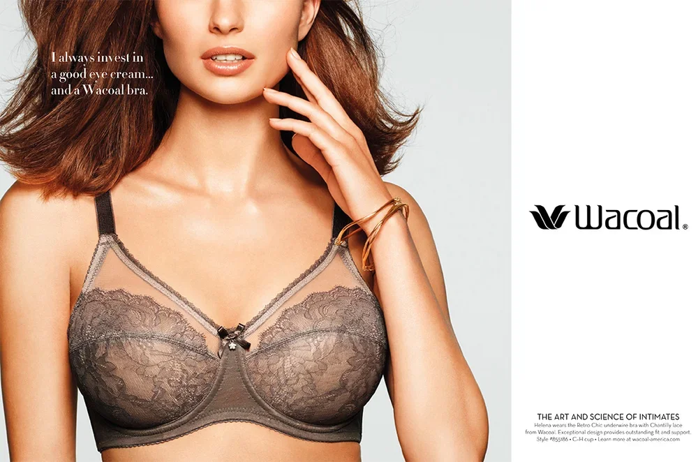A woman wearing a lace bra with the Wacoal logo and text about investing in eye cream and bra.