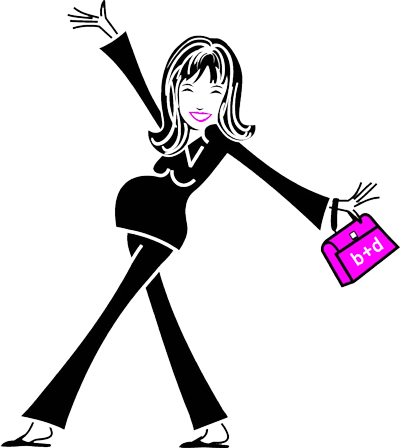 Line drawing of a woman with long hair, smiling with purple lips, holding a pink briefcase labeled 'b+d', with arms raised.