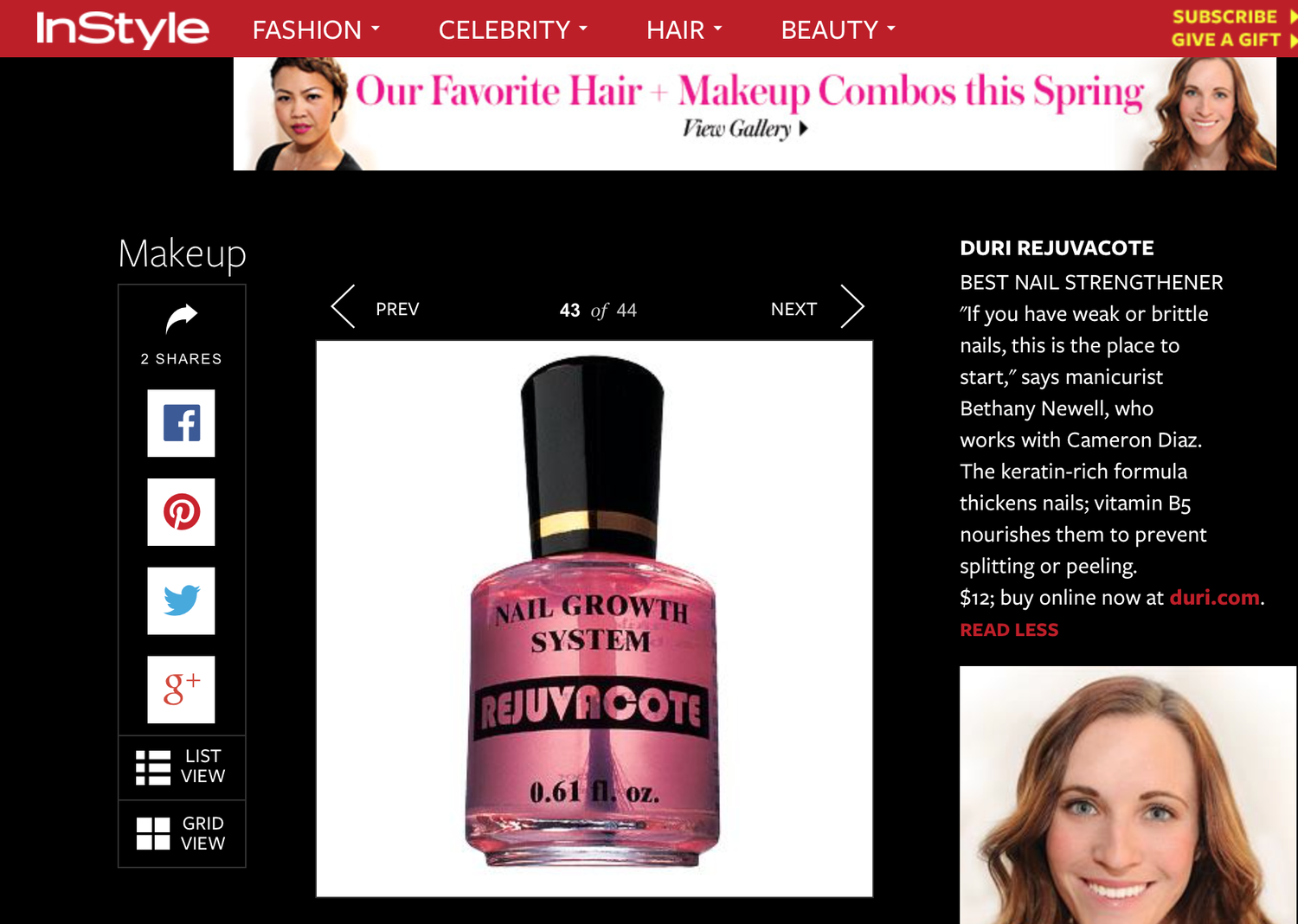 A bottle of Duri Rejuvacote Nail Growth System nail strengthener with a black cap and pink body with text. A woman with long, red hair smiling is partially visible in the bottom right corner. A screenshot of an InStyle online article featuring a head