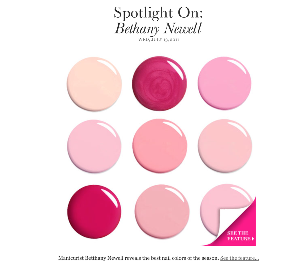 A 3x3 grid of nail polish dots in different shades of pink and red, with the top middle dot being a dark pink or maroon color. The image is part of a magazine feature highlighting nail colors.