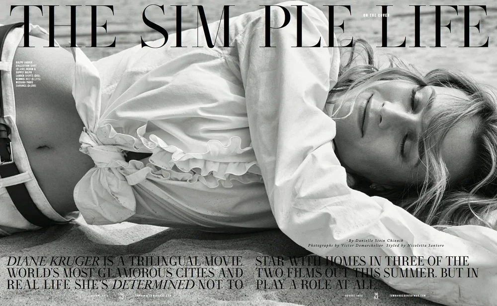 Black and white magazine cover featuring a woman lying on a sandy surface with her eyes closed, wearing a white shirt and underwear. The magazine title is 'The Simple Life' and includes article text about Diane Kruger.