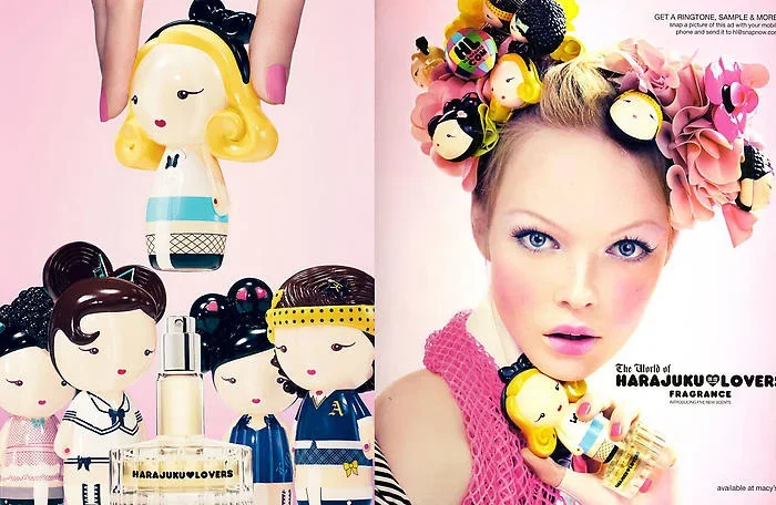 Left side shows a hand holding a yellow and white figurine of a girl with blonde hair, surrounded by Harajuku Lover perfume bottles shaped like anime-style characters. Right side shows a woman with blonde hair styled with multiple Harajuku Lover figu