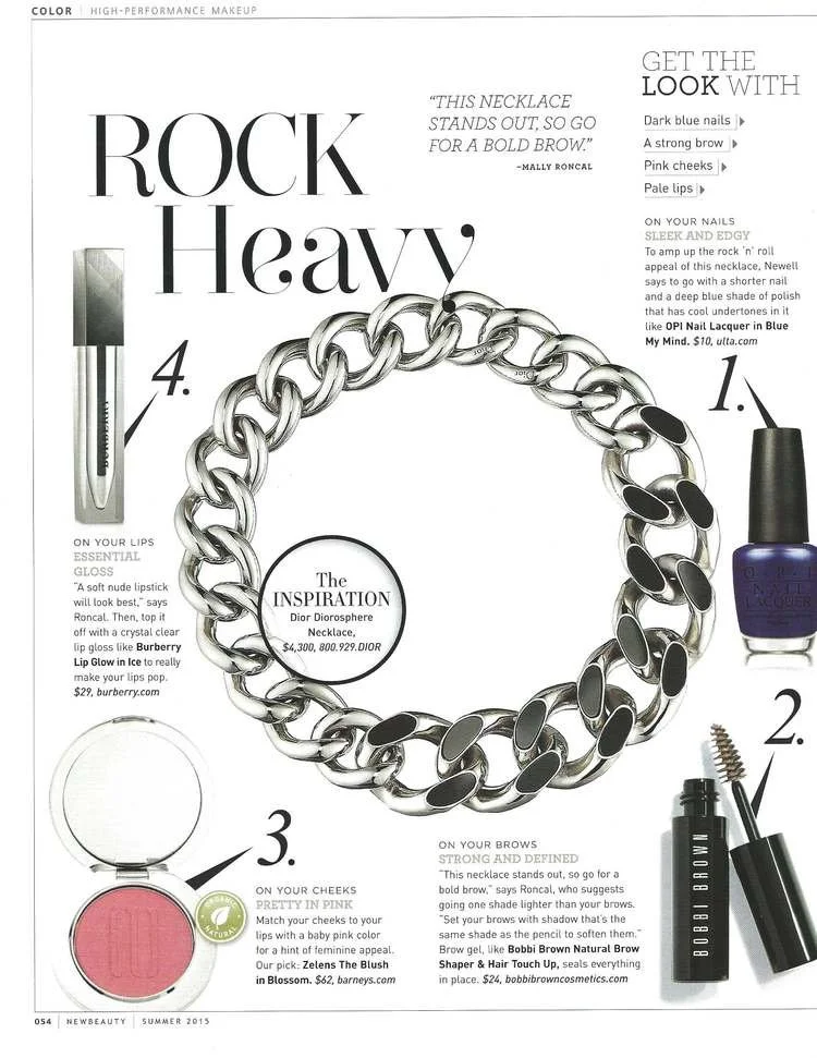 Magazine page with makeup and jewelry tips. Features a Dior Diorosphere necklace, dark blue nail polish, black eyebrow gel, & pink cheek blush. Includes descriptions and prices.