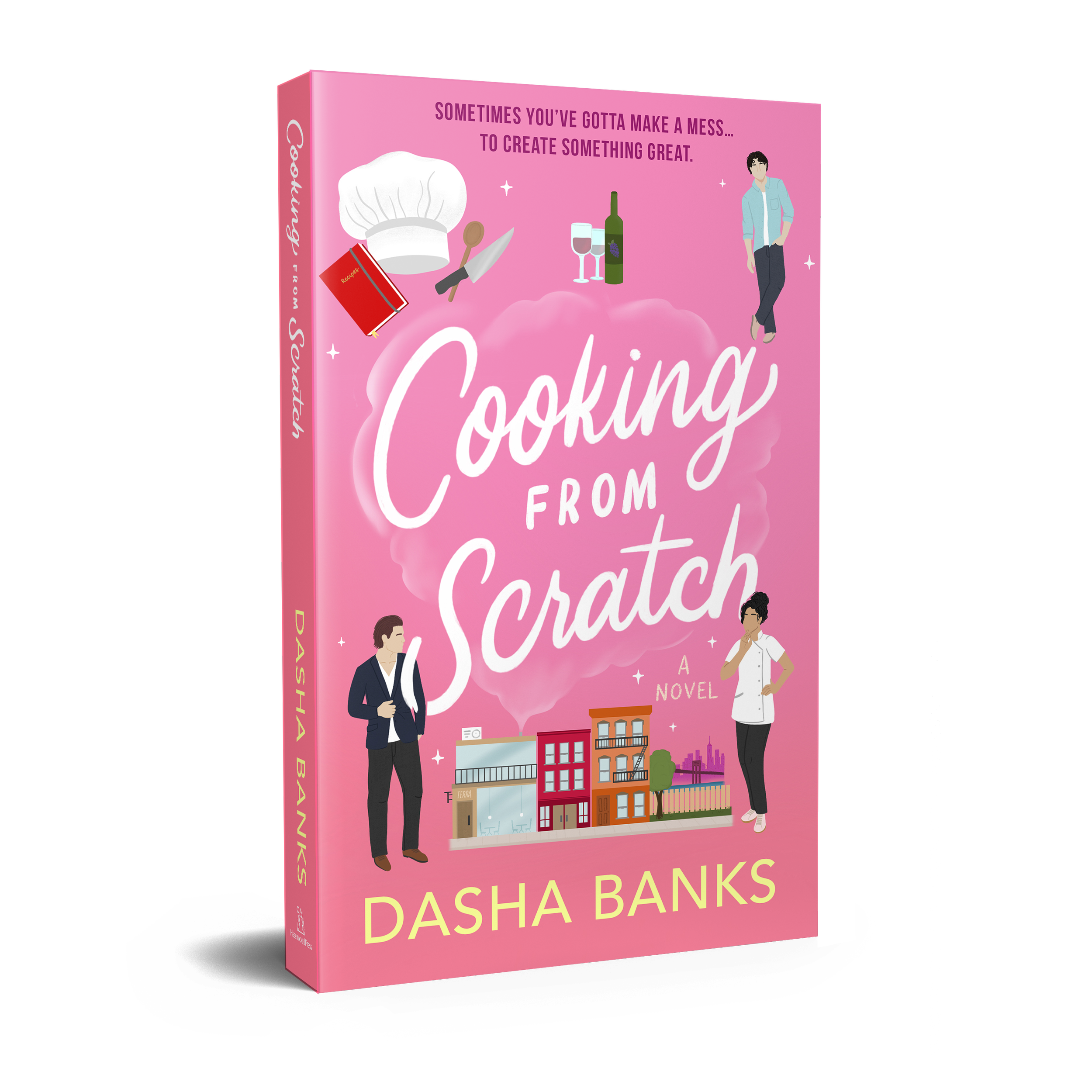 Book with pink background, two men and one woman in chef clothing with the title Cooking from Scratch
