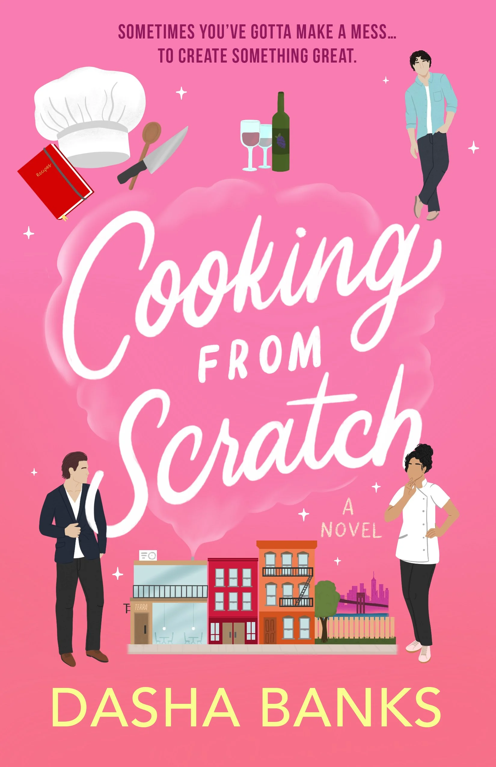 Cooking from Scratch title with two men one woman and an image of new york city