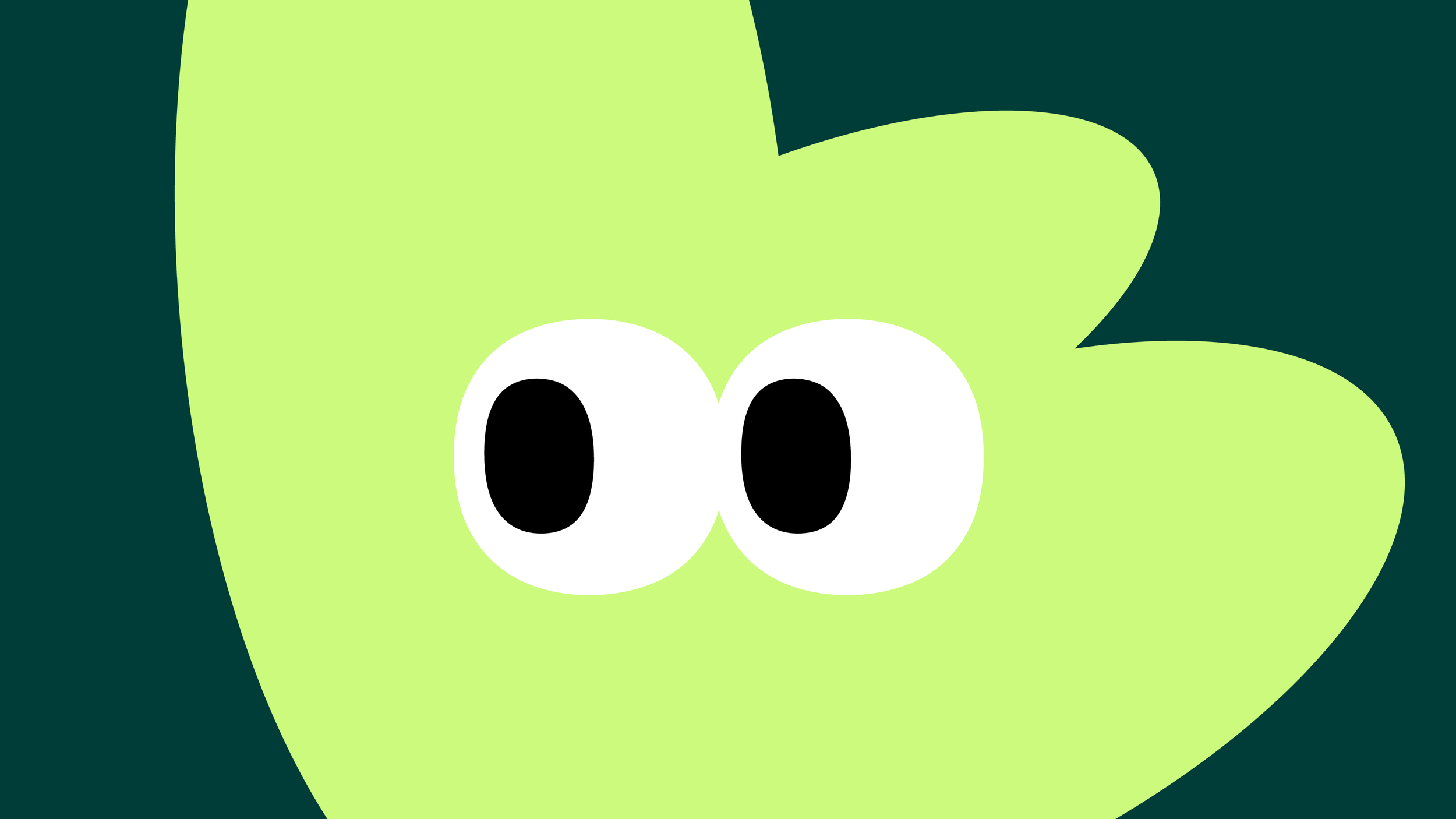 Close-up of a cartoon green creature with large eyes on a dark background.